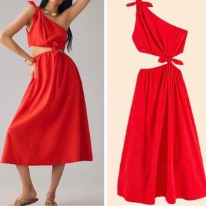 NWT FARM RIO one shoulder cutout linen blend midi dress in red size reg $228